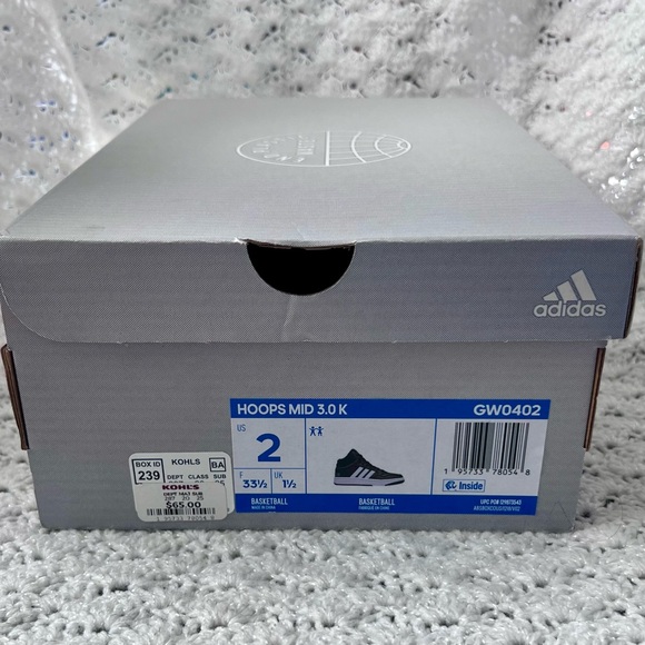 Adidas Hoops Mid 3.0 kids sneaker- black/ white boys size 2 - Picture 12 of 12